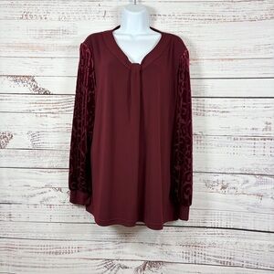Belle by Kim Gravel Burgundy V Neck Velvet Print Long Sleeves
